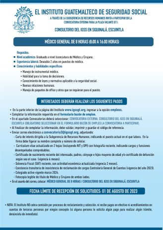 Convocatoria para la plaza: Médico General en el Consultorio en Siquinalá, Escuintla