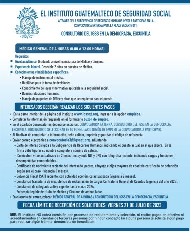 Convocatoria para la plaza: Médico General en Consultorio La Democracia, Escuintla