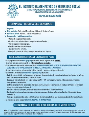 Convocatoria para la plaza: Terapista (Terapia del Lenguaje) en el Hospital de Rehabilitación