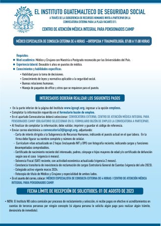 Convocatoria para la plaza: Médico Especialista (Ortopedia y Traumatología) en la Unidad CAMIP