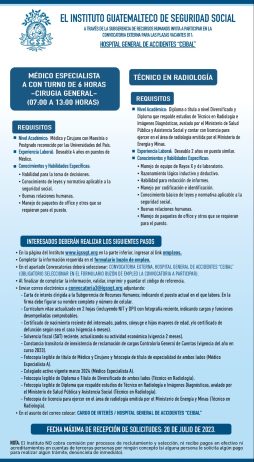 Convocatoria para las plazas: Médico Especialista (Cirugía General) y Técnico en Radiología en el Hospital General de Accidentes Ceibal