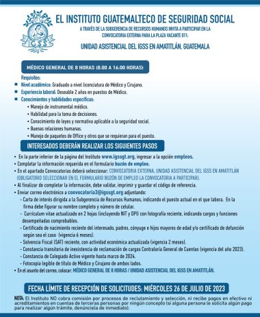 Convocatoria de la plaza: Médico General para la Unidad Asistencial en Amatitlán, Guatemala