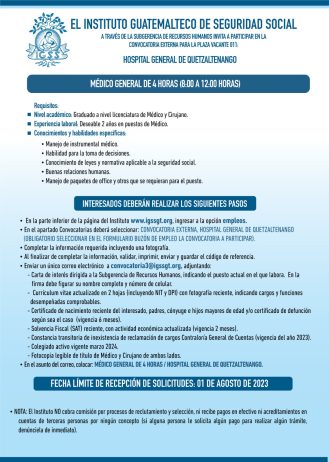 Convocatoria para la plaza: Médico General en el Hospital General de Quetzaltenango