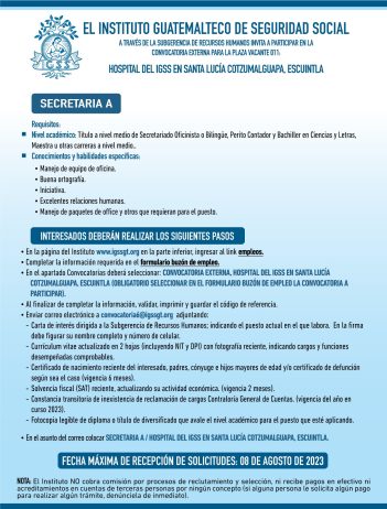Convocatoria para la plaza: Secretaria en el Hospital en Santa Lucía Cotzumalguapa, Escuintla