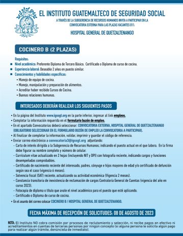 Convocatoria para la plaza: Cocinero en el Hospital General de Quetzaltenango