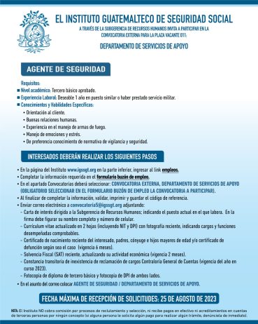 Convocatoria de la plaza: Agente de Seguridad para el Departamento de Servicios de Apoyo
