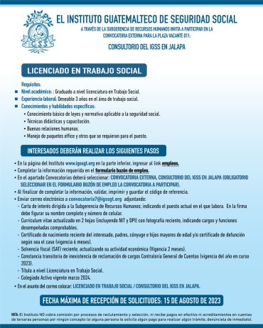 Convocatoria de la plaza: Licenciado en Trabajo Social para el Consultorio en Jalapa