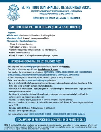 Convocatoria para la plaza: Médico General en el Consultorio en Villa Canales