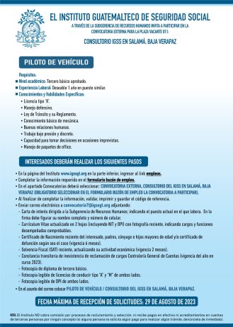 Convocatoria de la plaza: Piloto de Vehículo para el Consultorio en Salamá, Baja Verapaz