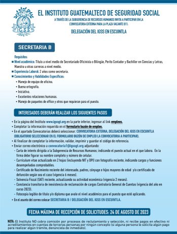 Convocatoria de la plaza: Secretaria para la Delegación en Escuintla