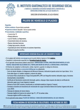 Convocatoria de la plaza: Piloto de Vehículo (2 plazas) para la Dirección Departamental de Alta Verapaz