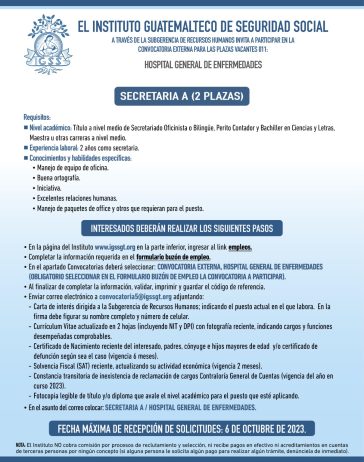 Convocatoria de la plaza: Secretaria (2 plazas) para el Hospital General de Enfermedades