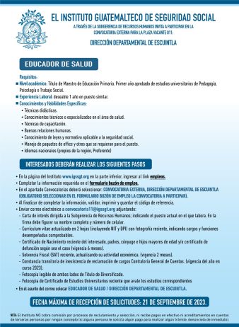 Convocatoria de la plaza: Educador en Salud para la Dirección Departamental de Escuintla