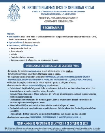 Convocatoria de la plaza: Secretaria para la Subgerencia de Planificación y Desarrollo