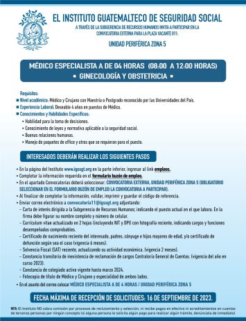 Convocatoria de la plaza: Médico Especialista para la Unidad Periférica Zona 5
