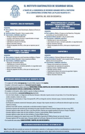 Convocatoria de plazas para el Hospital en Escuintla
