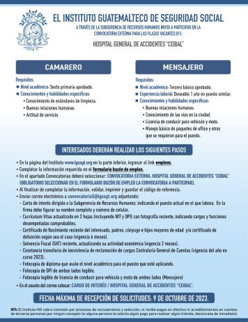 Convocatoria de las plazas: Camarero y Mensajero para el Hospital General de Accidentes Ceibal