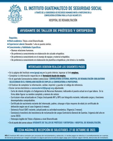 Convocatoria de la plaza: Ayudante de Taller de Prótesis y Ortopedia para el Hospital de Rehabilitación