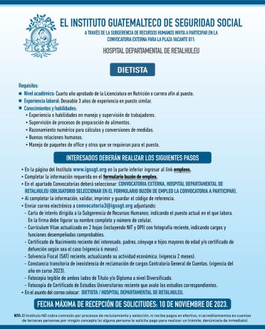 Convocatoria de la plaza: Dietista para el Hospital Departamental de Retalhuleu