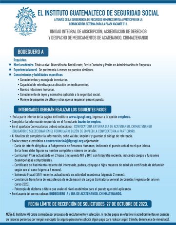Convocatoria de la plaza: Bodeguero para la Unidad Integral de Acatenango, Chimaltenango