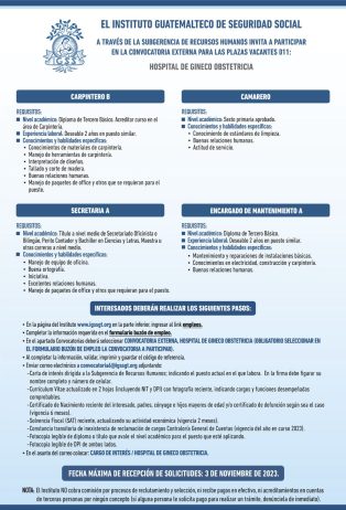 Convocatoria de plazas para el Hospital de Gineco Obstetricia