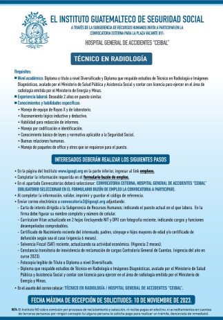 Convocatoria de la plaza: Técnico en Radiología para el Hospital General de Accidentes Ceibal