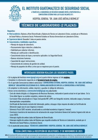 Convocatoria de la plaza: Técnico de Laboratorio para el Hospital General Dr. Juan José Arévalo Bermejo