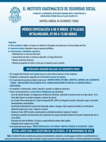 Convocatoria de la plaza: Médico Especialista (Oftalmología) para el Hospital General de Accidentes Ceibal