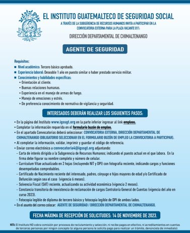 Convocatoria de la plaza: Agente de Seguridad para la Dirección Departamental de Chimaltenango