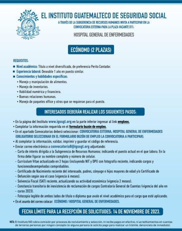 Convocatoria de la plaza: Ecónomo para el Hospital General de Enfermedades