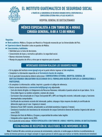 Convocatoria de la plaza: Médico Especialista (Cirugía General) para el Hospital General de Quetzaltenango