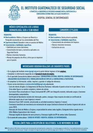 Convocatoria de las plazas: Médico Especialista (Dermatología) y Camarero para el Hospital General de Enfermedades