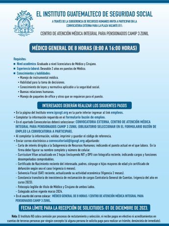 Convocatoria de la plaza: Médico General para la Unidad CAMIP 3 Zunil