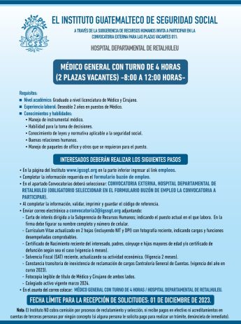 Convocatoria de la plaza: Médico General para el Hospital Departamental de Retalhuleu