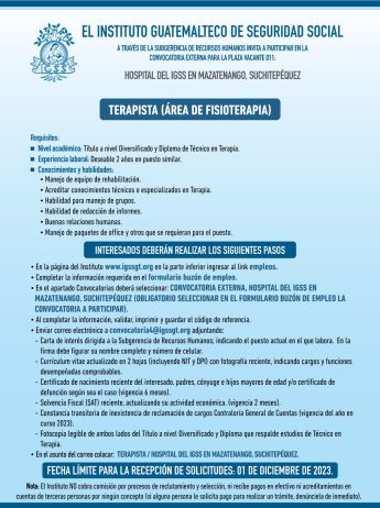 Convocatoria de la plaza: Terapista (Área de Fisioterapia) para el Hospital en Mazatenango, Suchitepéquez