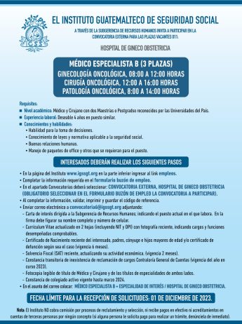 Convocatoria de plazas: Médico Especialista para el Hospital de Gineco Obstetricia
