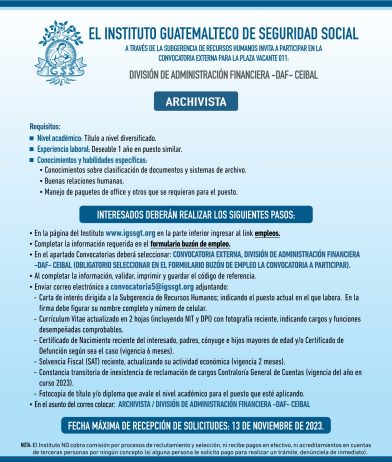 Convocatoria de la plaza: Archivista para la División de Administración Financiera (DAF) Ceibal