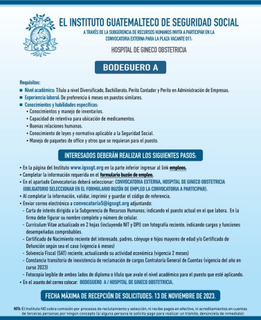 Convocatoria de la plaza: Bodeguero para el Hospital de Gineco Obstetricia