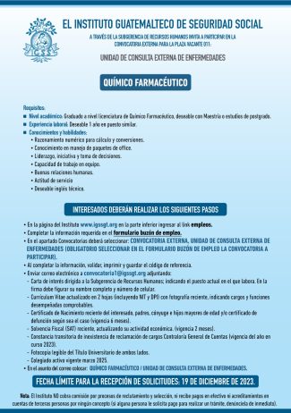 Convocatoria de la plaza: Químico Farmacéutico para la Unidad de Consulta Externa de Enfermedades