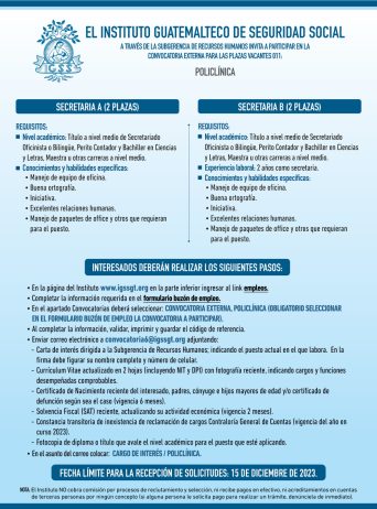 Convocatoria de plazas de Secretarias para la Policlínica