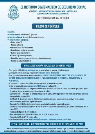 Convocatoria de la plaza: Piloto de Vehículo para la Dirección Departamental de Jutiapa