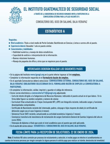 Convocatoria de la plaza: Estadístico para el Consultorio en Salamá, Baja Verapaz