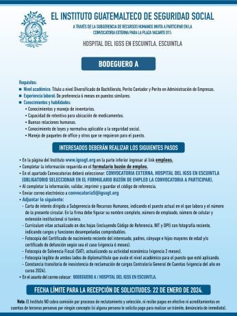 Convocatoria de la plaza: Bodeguero para el Hospital en Escuintla, Escuintla