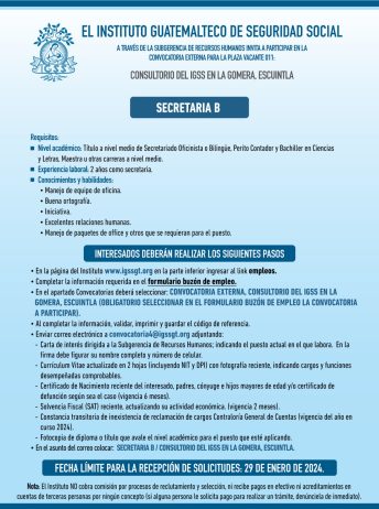 Convocatoria de la plaza: Secretaria para el Consultorio en La Gomera, Escuintla