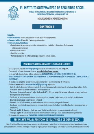 Convocatoria de la plaza: Contador para el Departamento de Abastecimientos