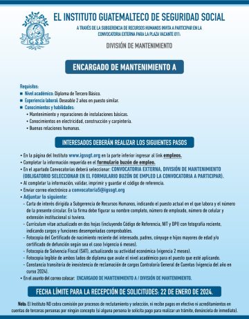 Convocatoria de la plaza: Encargado de Mantenimiento para la División de Mantenimiento