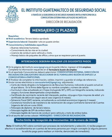 Convocatoria de la plaza: Mensajero para la Dirección de Recaudación