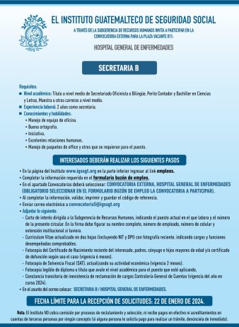 Convocatoria de la plaza: Secretaria para el Hospital General de Enfermedades