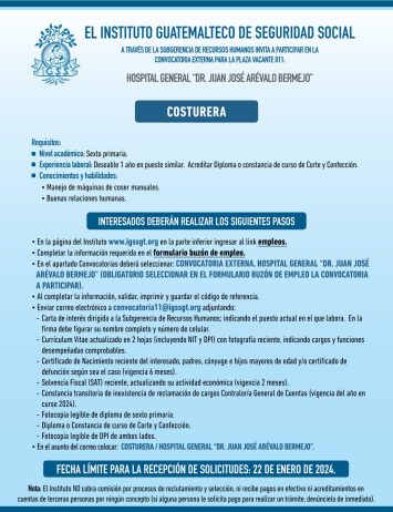 Convocatoria de la plaza: Costurera para el Hospital General Dr. Juan José Arévalo Bermejo