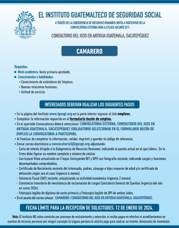 Convocatoria de la plaza: Camarero para el Consultorio en Antigua Guatemala